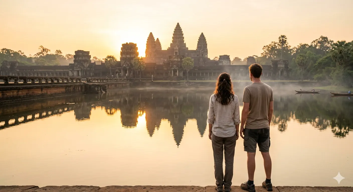 Sam and Jane standing at the edge of Angkor Wat's moat at sunrise, temples reflected in still water