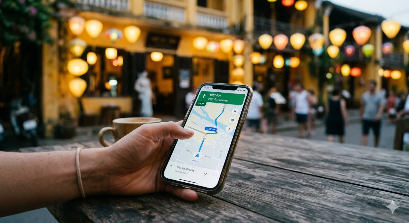 Phone showing Google Maps navigation in Hội An with silk lanterns and yellow shophouses in the background