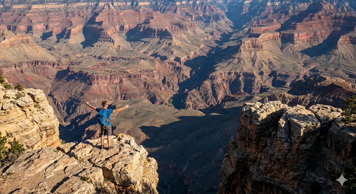 James standing on the Grand Canyon South Rim with arms wide, the vast canyon stretching for miles behind him