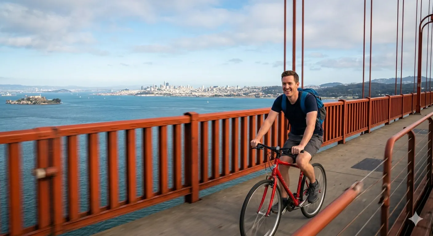 James biking across the Golden Gate Bridge on a sunny afternoon with the bay and Marin Headlands behind him