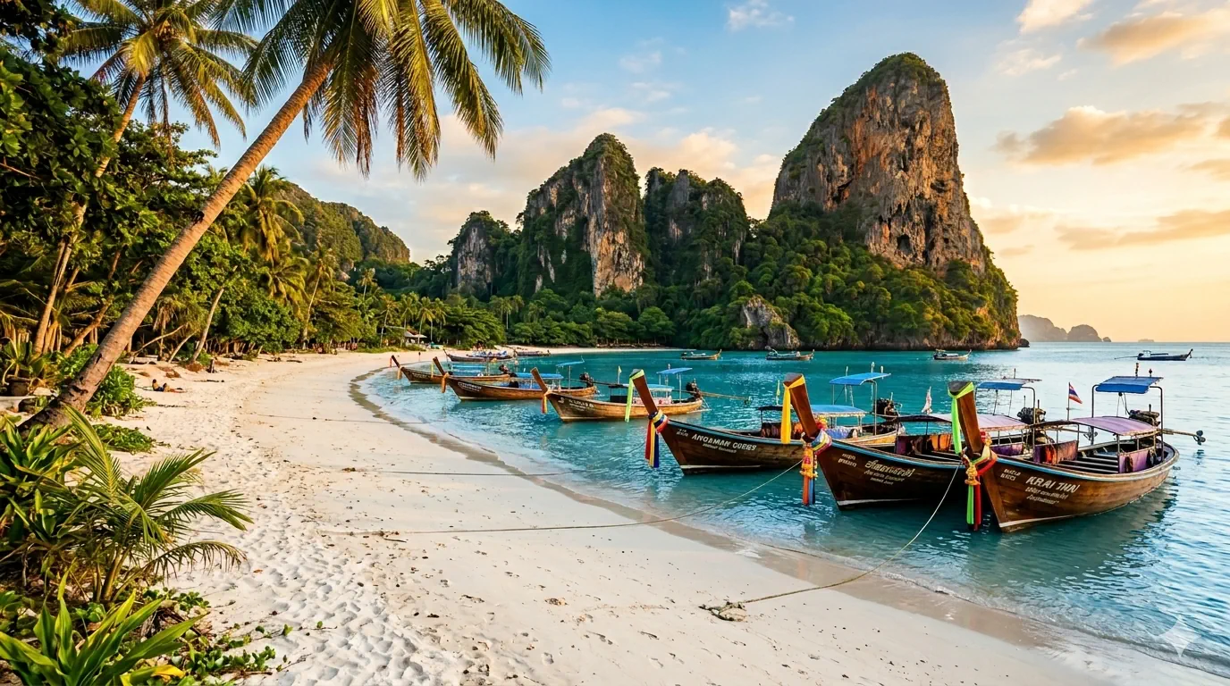 Long-tail boats moored on a turquoise beach below limestone cliffs and palm trees in Southern Thailand at golden hour
