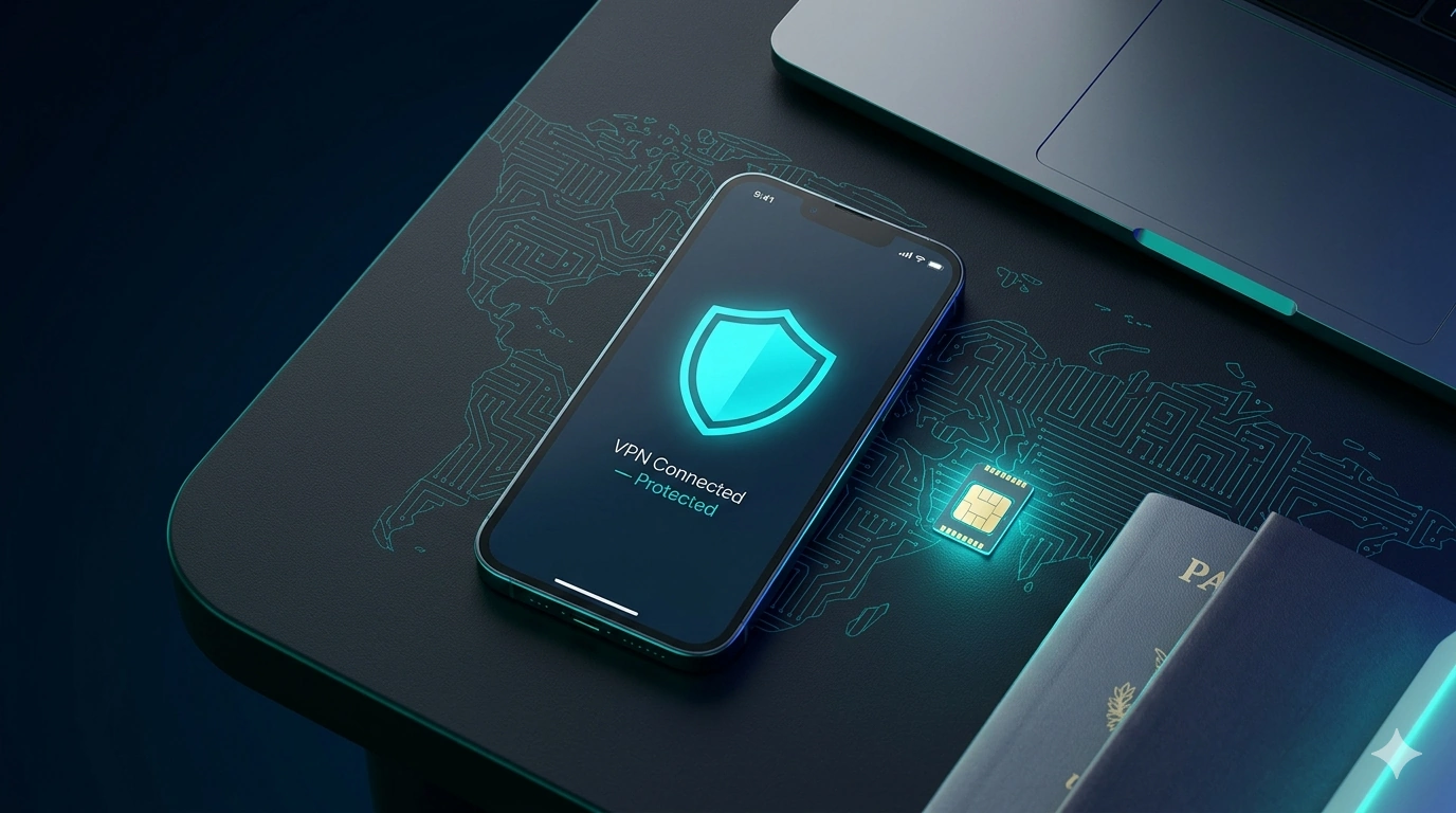 A smartphone showing a VPN Connected shield beside a glowing eSIM chip and passport on a desk with a cyan world-map background