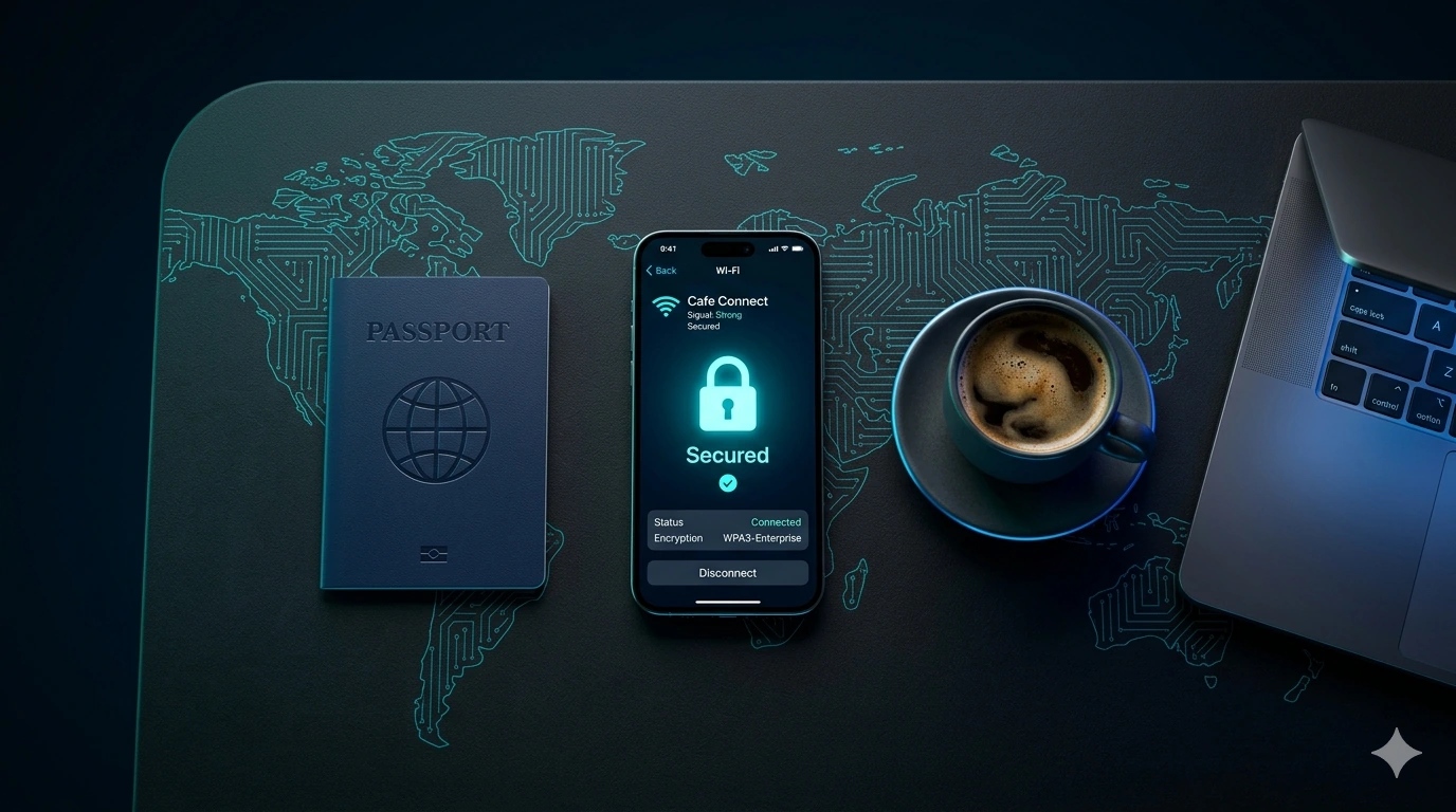 A smartphone showing a café Wi-Fi connection secured with a glowing padlock, beside a passport and coffee on a desk with a cyan world-map background