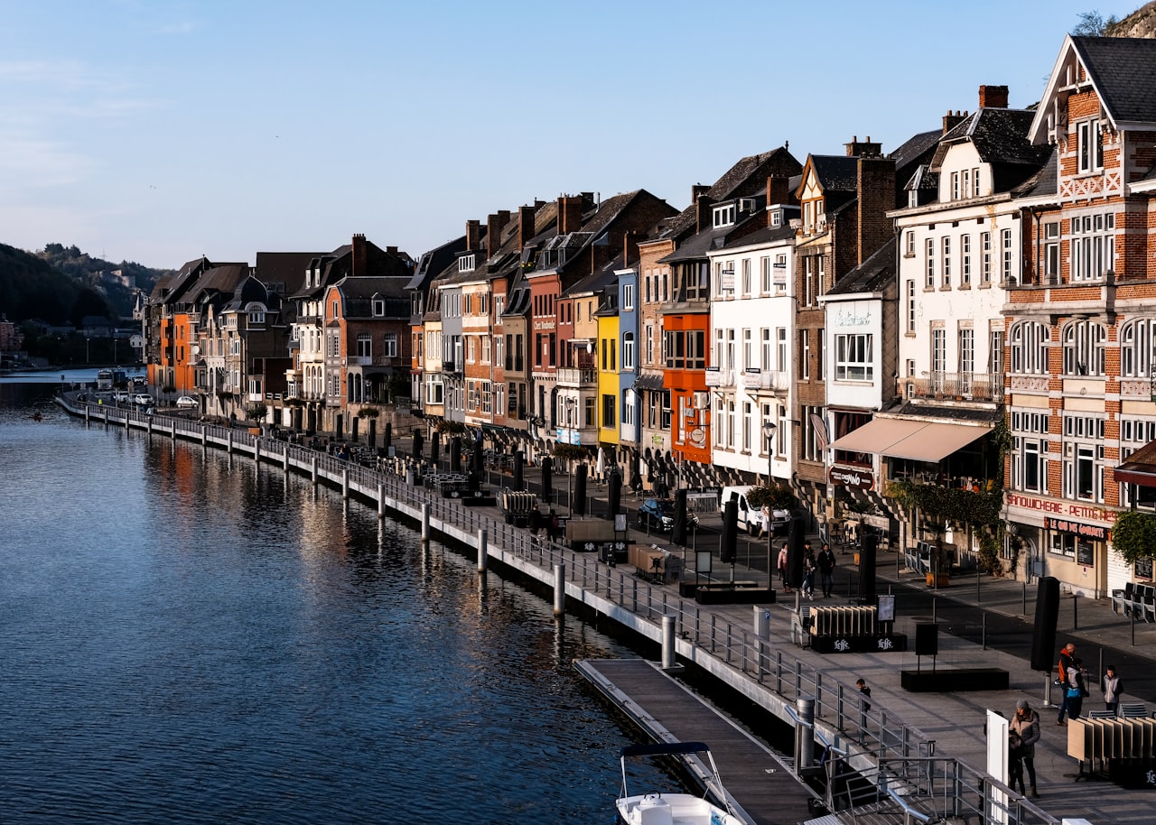 Colourful canal-side buildings in a European city