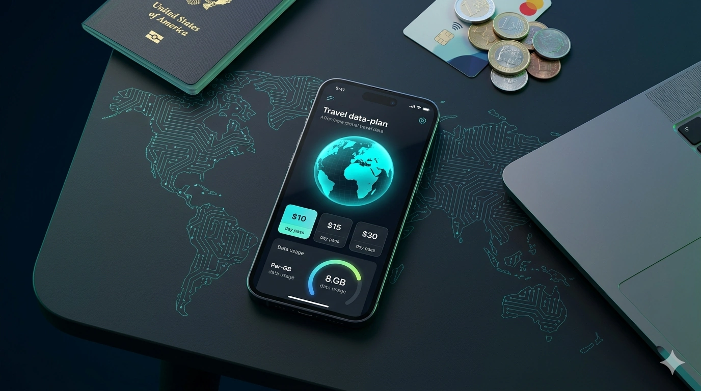 A smartphone showing a travel data-plan app with a glowing globe and price tiles, beside a passport and coins on a desk with a cyan world-map background